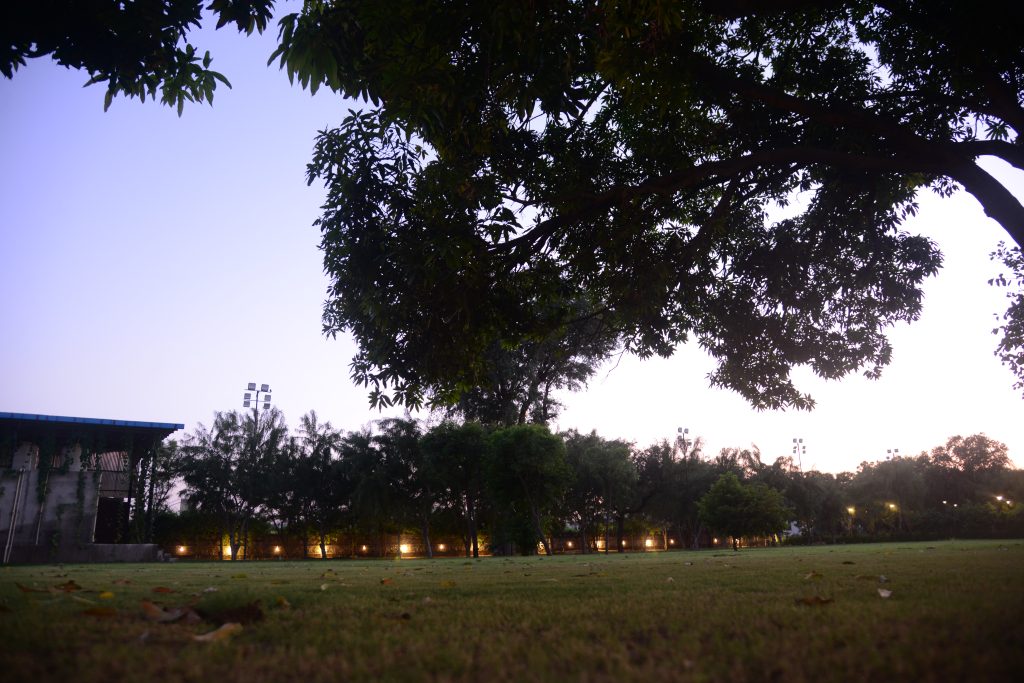 The main lawn at dusk