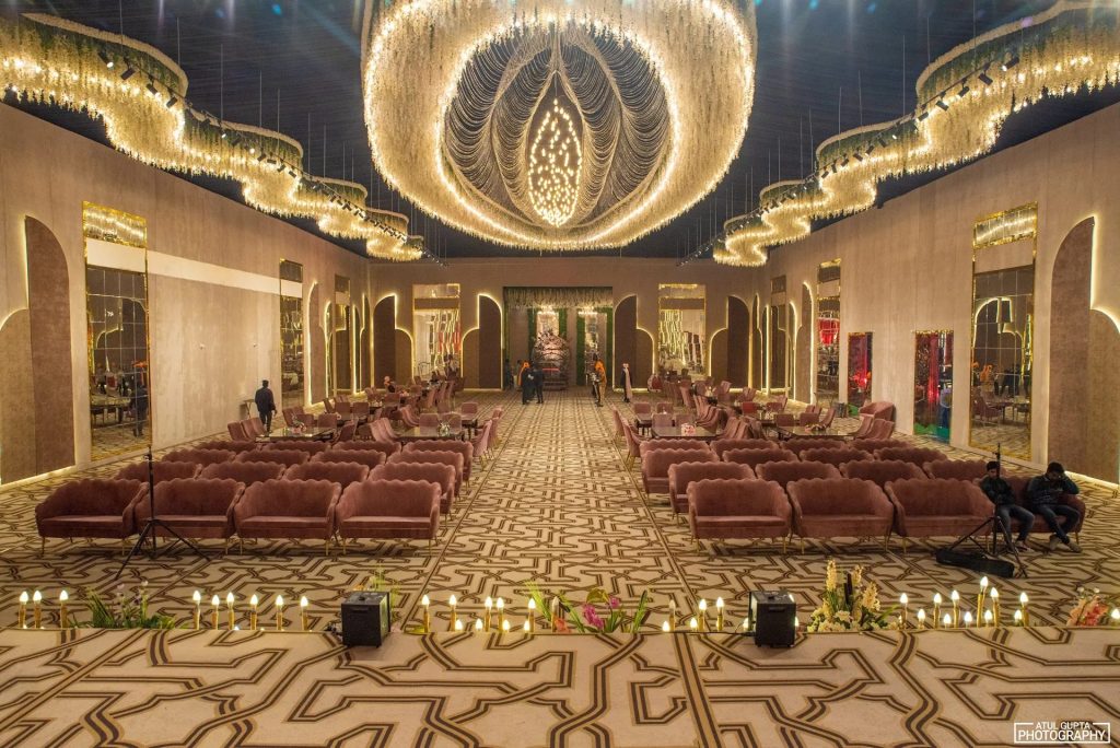 Banquet hall with stage and seating