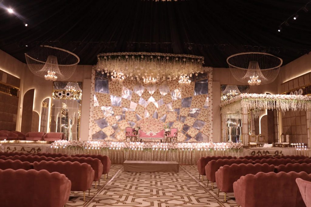 Banquet hall stage decorated for an event
