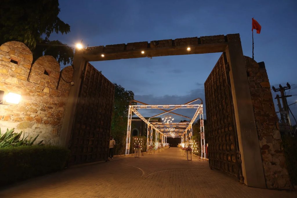 Entrance gate lit in the evening