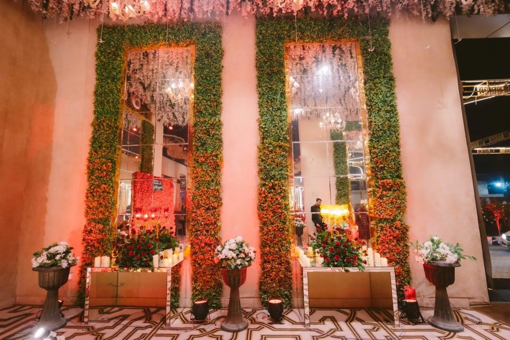 Floral mirror décor in the banquet hall
