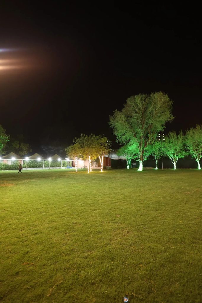 Main lawn lit at night