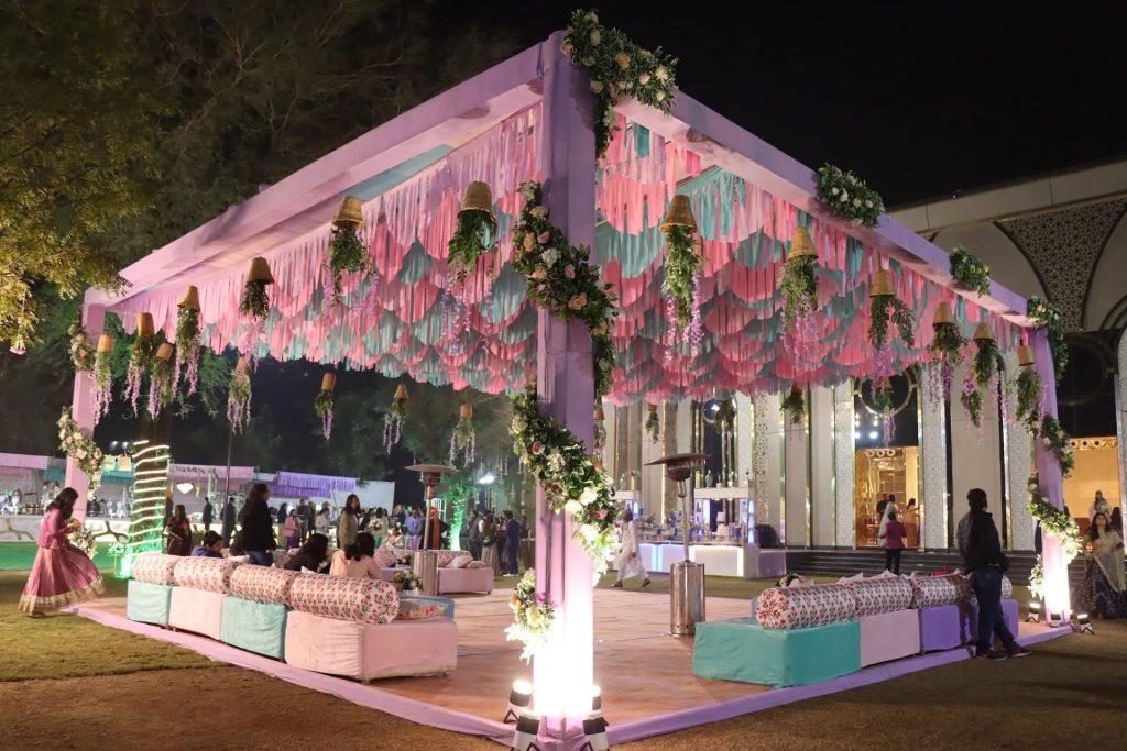 Pink floral pavilion on the lawn